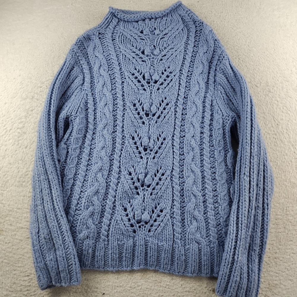 Express Roll Neck Wool Blend Sweater Heavy Open Knit Women's Large Blue